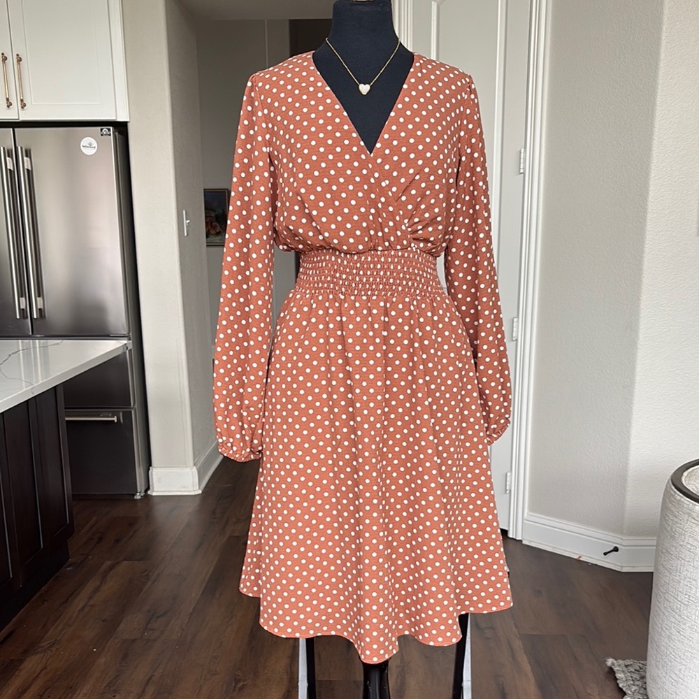 Multicolored Fit and Flare Long Sleeve Dress with V-Neck